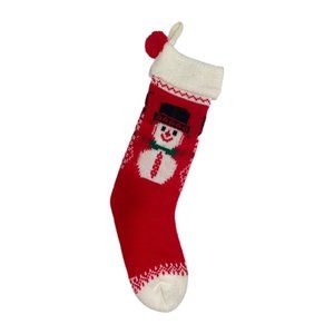 Vintage Knit Snowman Stocking Christmas Red Cute MCM Pompom White Toe EVC